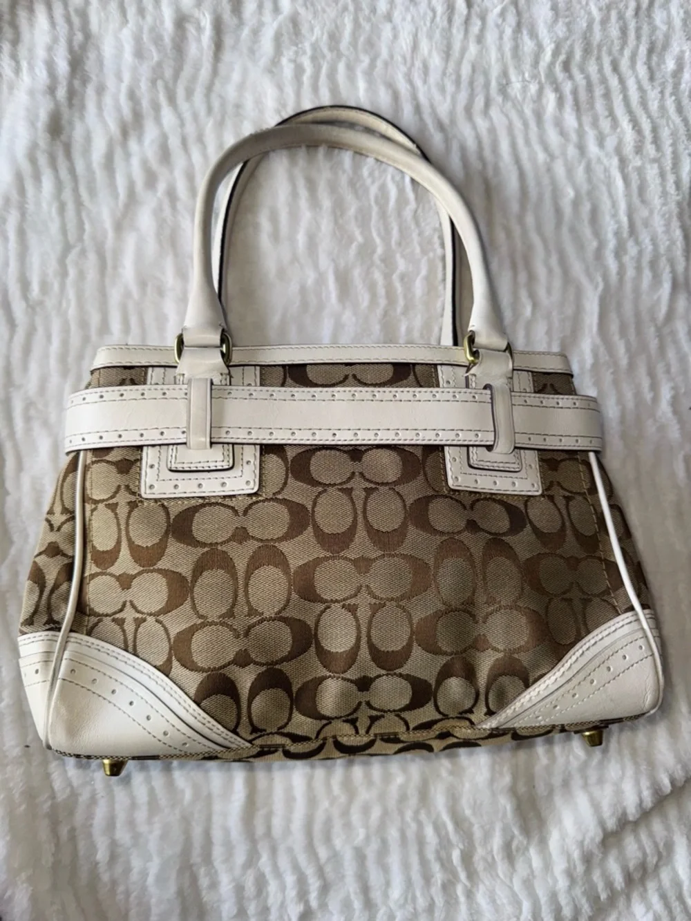 Vintage Coach Signature Canvas Satchel in Khaki and White Trim - Picture 10 of 16